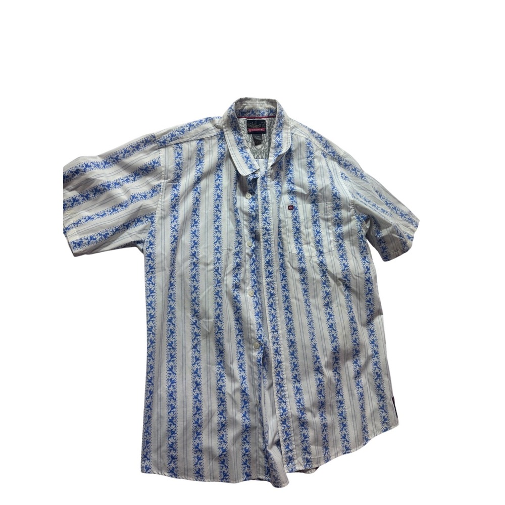 Quiksilver Mens XL Blue White Vertical Floral Stripe Short Sleeve Button UShirt